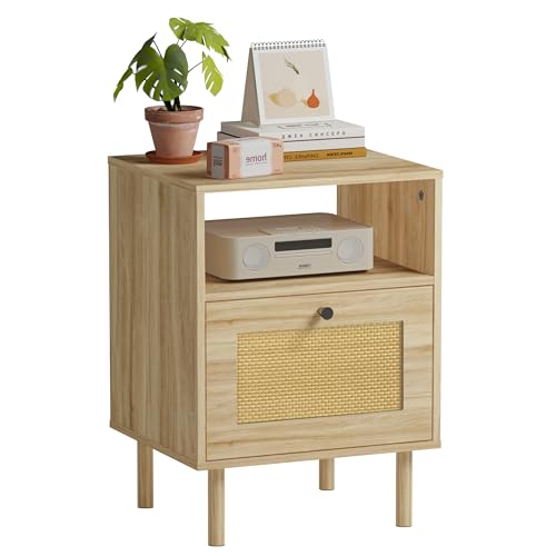 Rattan Nightstand Boho Side Table with Drawers Open Shelf for