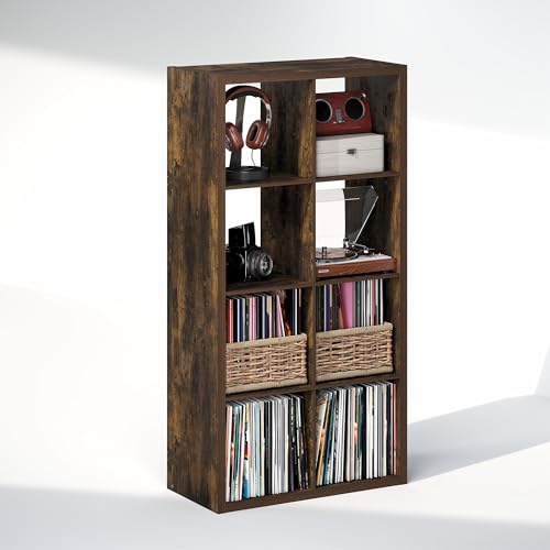 Image of Furinno Cubicle Record Player Stand, 8-Cube Record Storage, Amber Pine | Vinyl Storage, 1.2 inchInch Extra Thick, Open Back Media Shelf for CD DVD Bluray Game Disc, for Living Room, Home Office