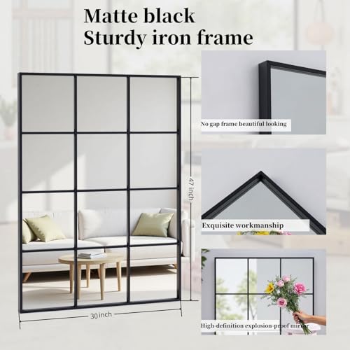 Image of Dewfig Rectangle Wall Mirror, 47 inchx30 inch Metal Frame Windowpane Mirror, Black