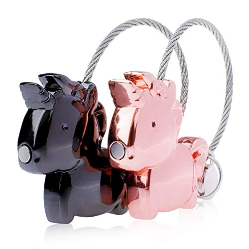 Foto von DOJoykey Liebhaber-Schlüsselanhänger, 1 Paar Einhorn-Schlüsselanhänger mit magnetischem Mund, Schlüsselanhänger aus Zinklegierung, Geschenk für Paarliebhaber, Farbe Schwarz und Roségold