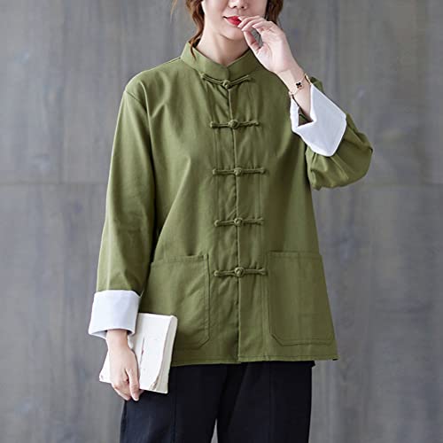 HHHH Women's Kung Fu Jacket Frog Button Mandarin Collar Loose Fit Blouse Chinese Tang Shirt Tai Chi Training Uniform (L, 60# Green)2