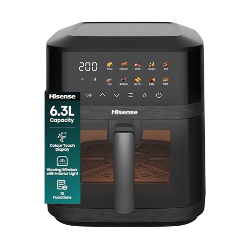 Hisense 6.3L Air Fryer - 1800W Energy-Saving Colour Touch Display Cooker with 10 Cooking Functions - Fries, Chicken, Steak, Veggies, Grill, Fish, Defrost, Egg tart, Cake,Pizza