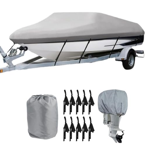Bootspersenning mit Außenborder Abdeckung,600D Oxford Gewebe Wasserdicht Staub Schutz Bootsplane,Schwarz Bootsplane für Yacht Schnellboot Angelboot V-Rumpf (Grau, 17-19FT)