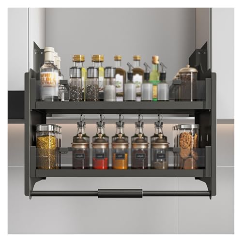 XLTFUC Pull-Down Cabinet Organizer, 2-Tier Kitchen Cabinet Pull-Down Shelves Space Saving Shelves for Kitchen Appliance Lift Upper Cabinets(56x27x53cm)