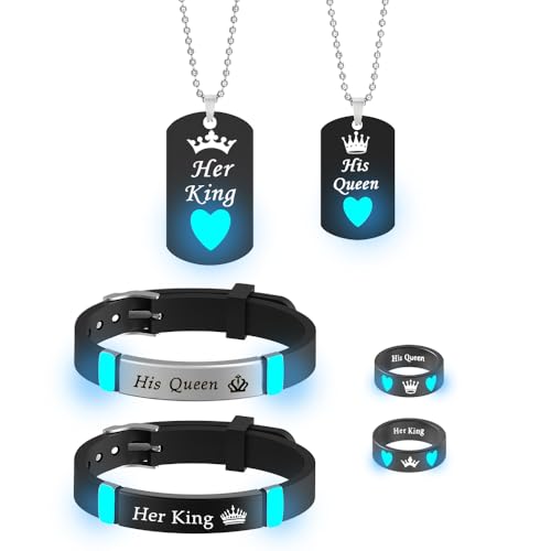 ATLVXJL 6/Pcs Set Glow-in-the-Dark Couples Jewelry Set, His Queen Her King Matching Necklaces and Rings, Black with Blue Heart, Romantic Accessories