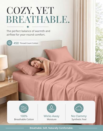 Image of 450TC 100% Cotton Split King Sheet Set - Silky Sateen Weave, Rose Dawn