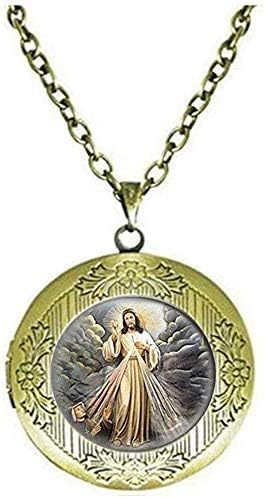 BMRYKCB Collar con medallón religioso de la Divina Misericordia con medalla católica de Jesús, joyería artística con imagen, 20mm, Vidrio Plata, No es una piedra preciosa