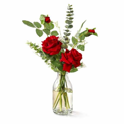 Image of Artificial Red Rose Flower Bunch - 12 Inch Decorative Floral Arrangement with Eucalyptus & Gypsophila | Home, Living Room, Office, Wedding & Festive Decor (Vase Not Included)