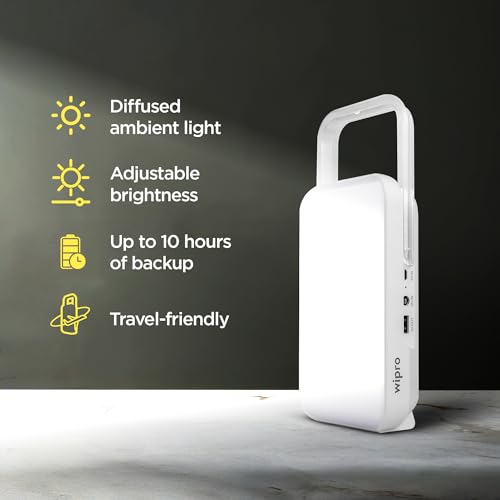 Image of wipro Safari Emergency Rechargeable Led Lantern with 7200 Mah Battery | 122 Individual Led Lights | Brightness Control Feature | in- Built Mobile Charging Point|15 Watt (Pack of 1) White
