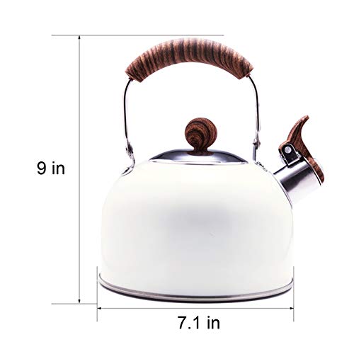 Rockurwok Whistling Tea Kettle, 2.5 Qt / 80 Oz, White Teapot, Universal Base For Induction | Gas | Electric | Halogen | Radiant, Cool Toch Foldable Handle, Vintage #TOP3