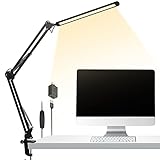 LED Desk Lamp, 12W Metal Swing Arm Desk Lamp with Clamp, Dimmable Eye-Caring Architect Task Lamp, 3 Color Modes/10 Brightness Levels/Adapter/Memory Function Desk Light for Home Office