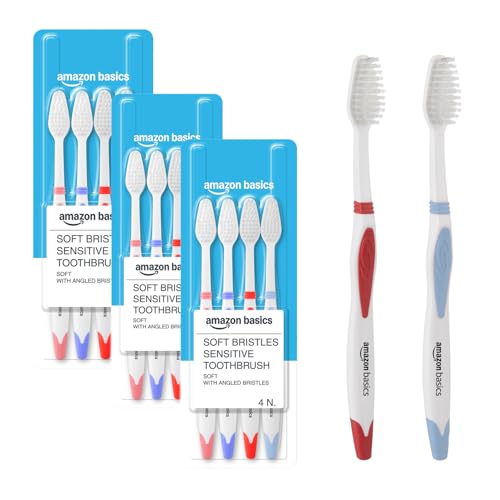 Amazon Basics SoftBristle Sensitive Toothbrush for Adults, Multicolour | 12-Count (4 × 3 Packs) | Ultra-Soft Bristles for Gentle Cleaning & Sensitive Teeth