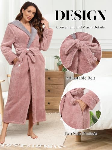 Image of Hellomamma Long Hooded Robe for Women Luxurious Flannel Fleece Full Length Bathrobe Winter Warm Pajamas Shower Nightgown