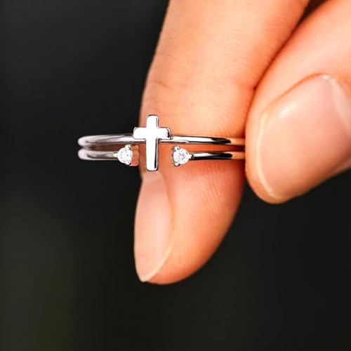 925 Sterling Silver Cross Ring for Women White Cubic Zirconia Cross Chuny Ring for Men Adjustable Stackable Christian Faith Minimalist Religious Baptism Cross Christmas Wedding Jewerly Gift4
