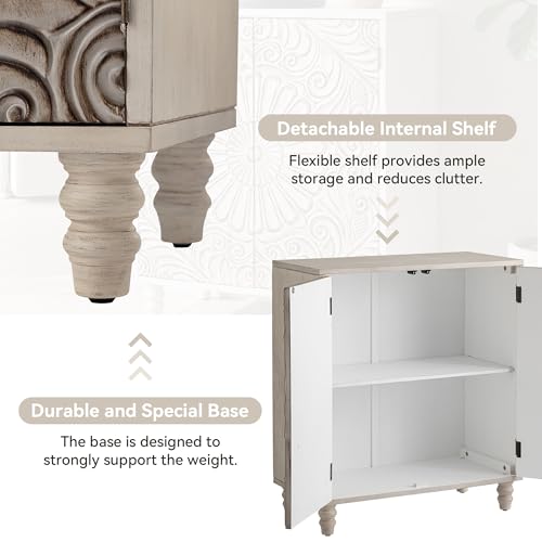 COSIEST Set of 2 32" Buffet Sideboard Cabinets with Storage, Accent Cabinet with Push-to-Open Doors, Vintage Flower Carved Pinewood Doors, Entryway Console for Living Room, Kitchen, Hallway, Gray - Image 6