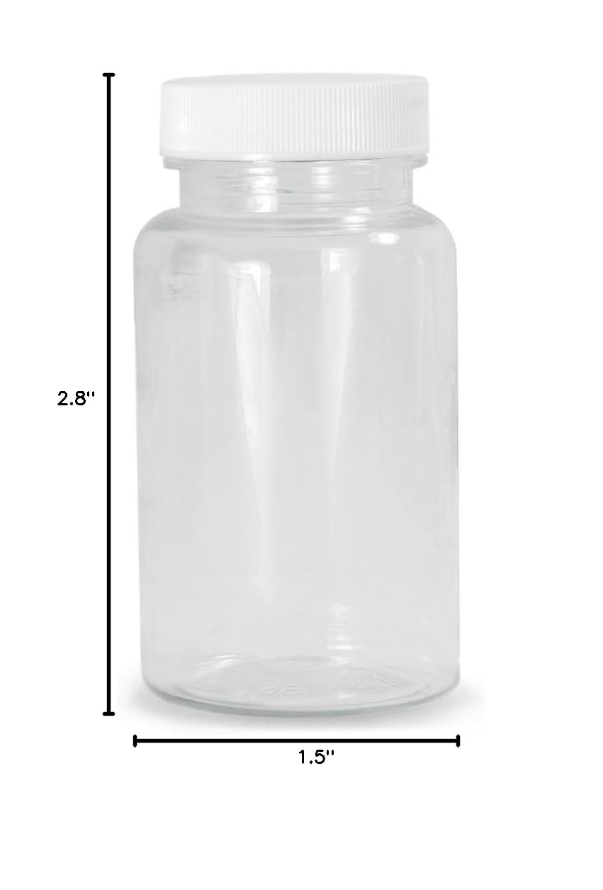 Qorpak PLC-06589 Clear PET Packer Bottle with 33-400 White Polypropylene SturdeeSeal Polyethylene Foam Lined Cap, 2oz Capacity, 38mm OD x 71mm Height (Case of 48)