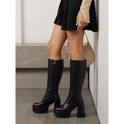 Platform Mid Calf Boots for Women High Heel Block Heel Women’s Tall Boots Square Toe Comfortable Casual Boots Trendy Stylish Shoes4