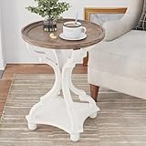 Function Home Rustic Round End Tables, Farmhouse Small Accent Side Table with Natural Tray Top and Concave Legs, French Country Nightstand for Living Room Bedroom Entryway in Vintage White
