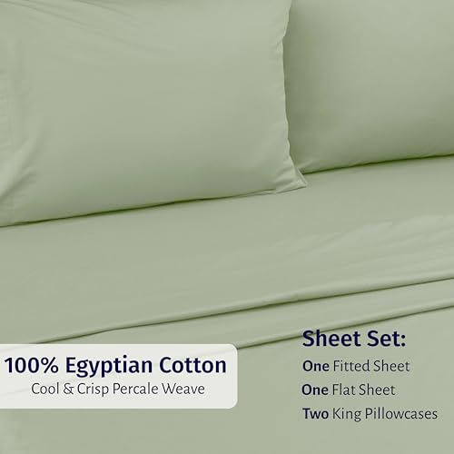 Image of California Design Den Egyptian Percale Sheets King Size Set - Certified 100% Egyptian Cotton, Lightweight Percale King Size Sheet Set with Deep Pockets, Crisp & Durable Bedding - Pale Sage Green