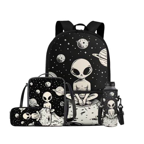 Space Alien Backpack Set with Lunch Box, Water Bottle Pouch, and Pencil Case for Boys & Girls, 17