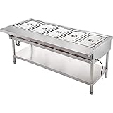 VBENLEM Commercial Electric Food Warmer 5 Pot Steam Table Food Warmer 18 Quart/Pan with Lids with 7 Inch Cutting Board Food Grade Stainless Steel Steam Table Serving Counter 220V 3750W for Restaurant