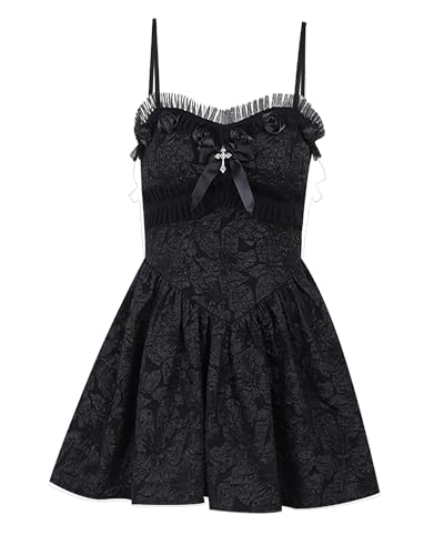 DINGJIUYAN Gothic A-Linie Plissee Swing Kleid Damen Sommer Lolita Neckholder Slip Kleider Y2K Retro Halloween Party Kleider, 6-schwarz, L