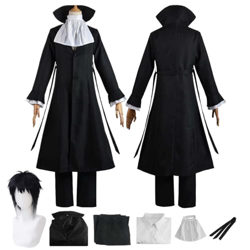 Anime Bungou Stray Dogs Ryunosuke Akutagawa Disfraz Cosplay Traje Juego Rol con Peluca Conjunto de Accesorios Cortavientos Negro Fiesta de Comic Con Carnaval Uniforme para Adultos Niños Traje Unisex