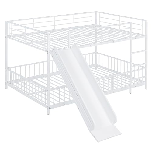Image of Bellemave Full Over Full Bunk Bed with Slide and Ladder, Metal Low Bunk Beds for Kids, Girls, Boys, Removable Fence and Door, White