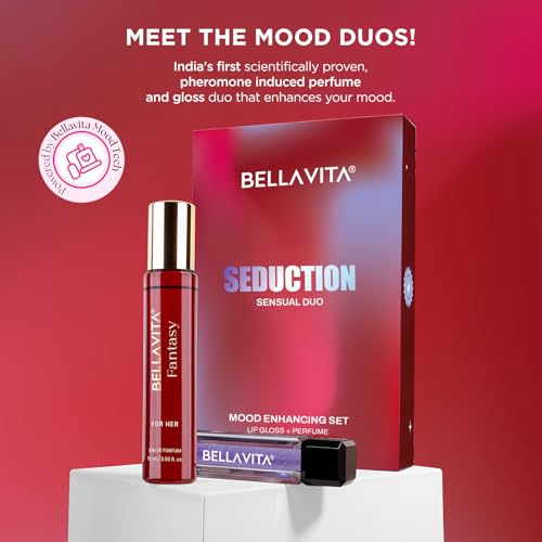 Image of BELLAVITA Mood Enhancing Seduction Lip Gloss and Perfume Combo pack | Gift set | Mood Duos Perfume 15ml & Mood Matching pH Adapting Lip Gloss 4ml | Hydrating and Glossy Finish