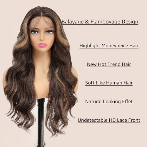 X-TRESS X-Tress HighLight Lace Front Wig 26'' Long Wavy Hair Synthetic 13x4x1 Pre-Plucked Baby Hairline T Part Middle Part Natural Looking (TT4/27) - Image 3