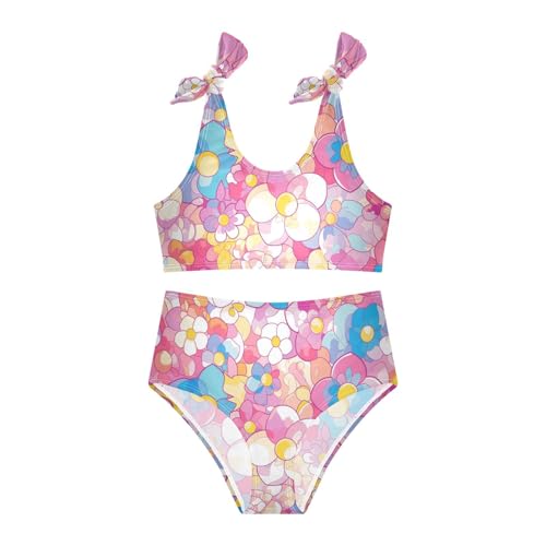 KLL Glass Flowers Texture Stained Girls Two Piece Bikini Set Scoop Neck Swimsuit Swimwear Cute Shoulder Strap3