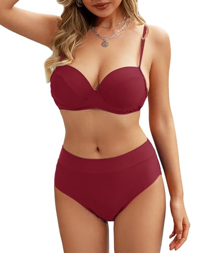 Rayson Bikini Mujer Push up Estampado con Relleno Bañadores Mujer 2 Piezas Sexy Beachwear Traje de Baño Mujer Bikini Brasileño(Borgoña, L)