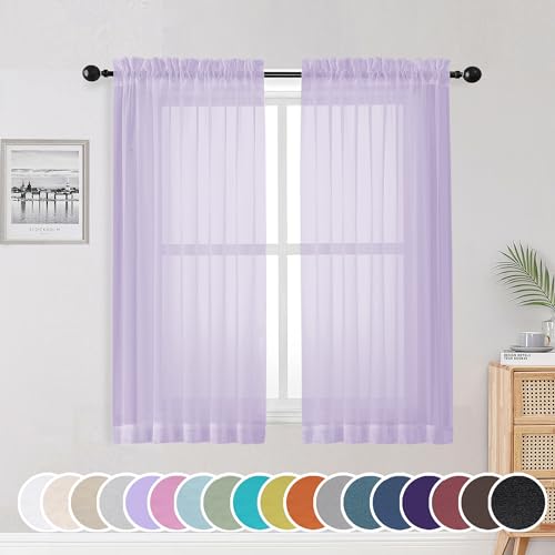 Image of OWENIE Light Purple Sheer Curtains 54 Inch Length 2 Panels Set, Rod Pocket Voile Sheer Curtains & Drapes for Bedroom /Living Room, Soft Sheer Short Curtains for Windows, Total 84Wx54L inch, Lavender