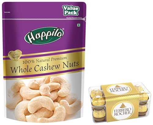 Image of Happilo 100% Natural Premium Whole Cashews Value Pack Pouch, 500 g & Ferrero Rocher, 16 Pieces, 200 gm