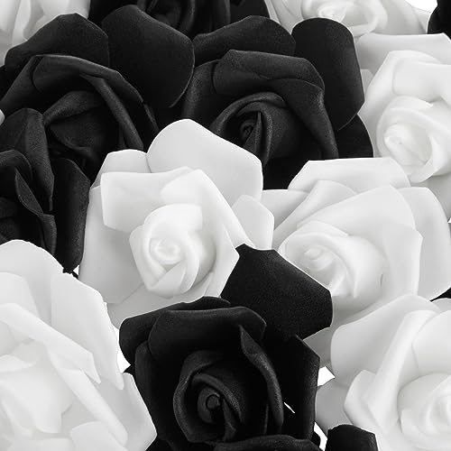 Image of Bright Creations Black & White Roses Stemless Foam Rose Heads - 100 Pack, 3 in Polyethylene Craft Foam - Faux Flowers for DIY Arrangements & Wedding Flowers