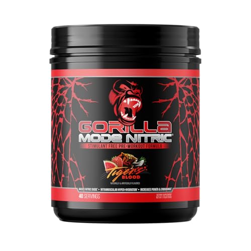 Gorilla Mind - Gorilla Mode Nitric Upgraded Stimulant Free Pre-Workout – Best Tasting and Most Effective Stimulant Free Pre-Workout/Massive Pumps · Vasodilation · Power / 784 Grams (Tigers Blood)