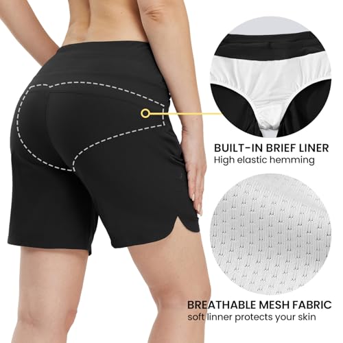 TBMPOY Women's Board Shorts 7" High Waisted Swim Beach Quick Dry Shorts with Zipper Pockets Water Liner Bathing Bottom4