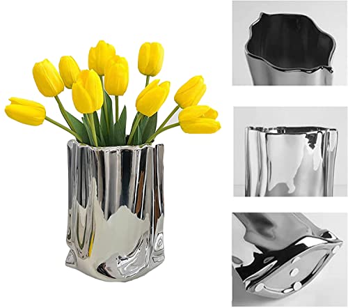 Silver Ceramic Flower Vase, 9.3" Tall Modern Simple Flower Arrangement Vase, Creative Handmade Paper Bag Modeling, For Home Decor, Living Room, Office, Dining Table, Wedding, Birthday Festive Gift #TOP3