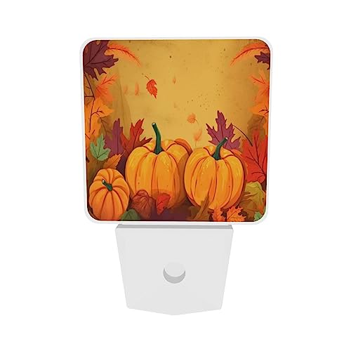 Image of Sunflowers Pumpkins LED Plug-in Night Light 2-Pack, Auto Sensor Emergency Fall Leaf Thanksgiving Nightlights Set of 2 for Dawn Bedroom Kitchen /Dusk Bathroom /Night Stairs Hallway Toilet