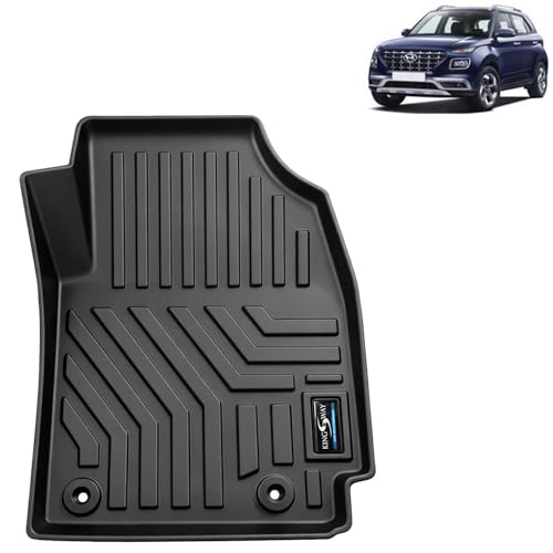 Image of KINGSWAY Accessories Custom-Fit TPE 5D Car Floor Mats Only Compatible with Hyundai Venue | Year 2019 to 2022 | Set of 3 Pcs | All Weather Anti Slip Foot Mat with Easy Wash | Black | 2 Years Warranty