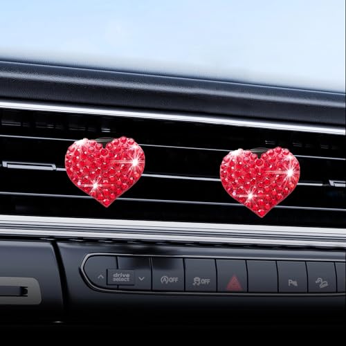 Image of Car Bling Air Vent Clips, 2 Pcs Bling Heart Charm Air Conditioning Outlet Clip, Crystal Rhinestone Accessories, Car Interior Decoration Cute Accessories for Women Girls (Red, Vanilla)