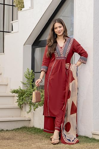 Image of MEERA FAB Women Floral Printed Pure Cotton Straignt V-Neck Kurta with Trousers & Dupatta