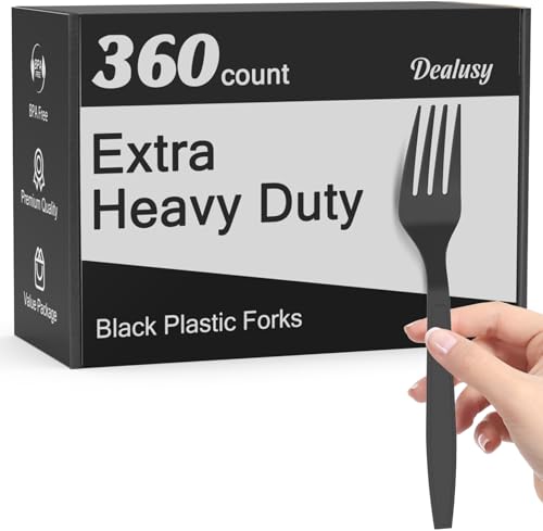 Dealusy 360 Count Extra Heavy Duty Black Plastic Forks Disposable BPA-Free Heat Resistant Solid and Durable Disposable Forks Bulk Premium Plastic Forks heavy duty for Party Supply