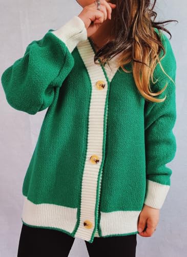 chouyatou Women's Contrast Color Button Down Sweater Oversized V-Neck Ribbed Knit Coat Cardigans2