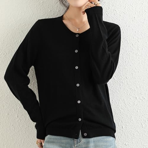 Women's 100% Merino Wool Crew Neck Cardigan Sweater Top Long Sleeve Button Down 20253
