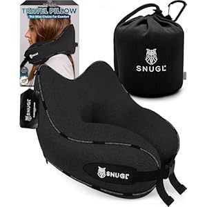 SNUGL Travel Pillow – Neck Pillow Memory Foam, Travel Neck Pillows for Adults, Ideal for Camping, Airplane & Gaming – Travelling Essentials – Gifts for Travellers (Black – Adult Regular)