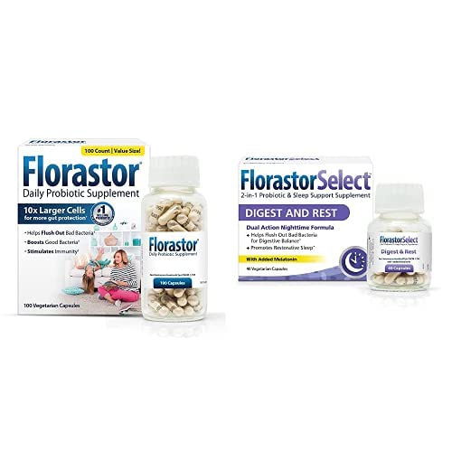Florastor Probiotics for Digestive & Immune Health, 100 Capsules + Digest and Rest Natural Sleep Aid with Melatonin (4mg), 40 Capsules