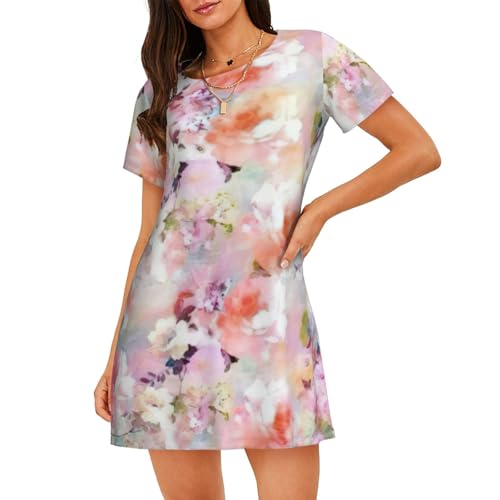 Robe de nuit à manches courtes femme imprimé floral rose chic