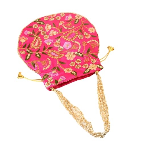 Image of Handcrafted Potli Purse with Golden Floral Embroidery and Pearl Accents