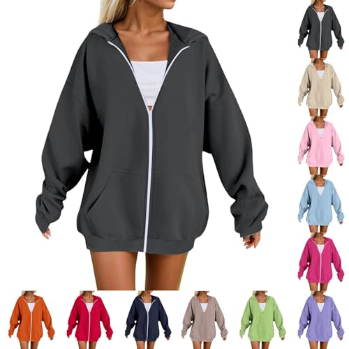 Loinjsnktng Light Weight Zip Up Hoodie Women Plus Size 2026 Casual Long Sleeve Zipper Sweatshirt Fall Hooded Top With Pockets Dark Gray - image 1
